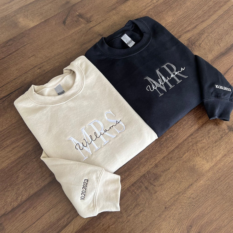 Custom Mrs. Embroidered Sweatshirt, Date On Sleeve