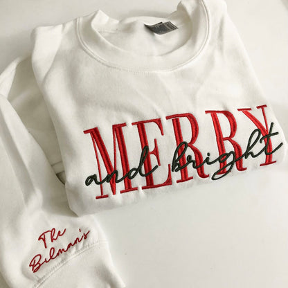 Embroidered merry and bright crewneck cozy sweatshirt