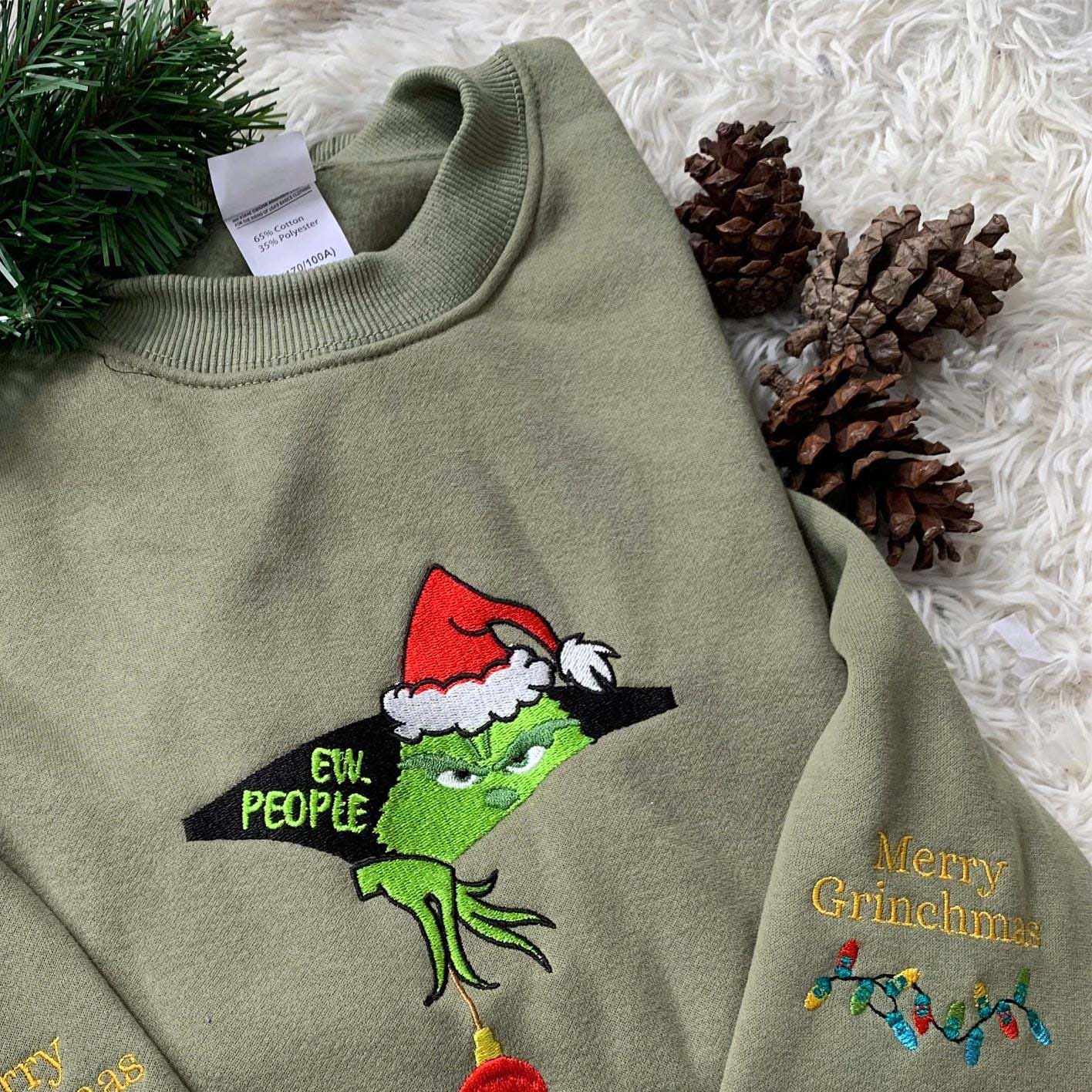 Green Monster Ew People Embroidered Sweaters, Christmas Embroidered Sweatshirt