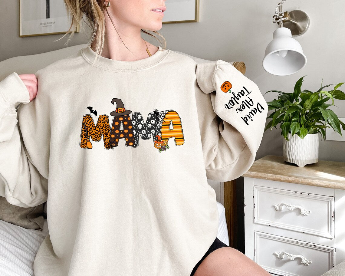 Custom Halloween Mama Sweatshirt with Kids Name on Sleeve Sweatshirt