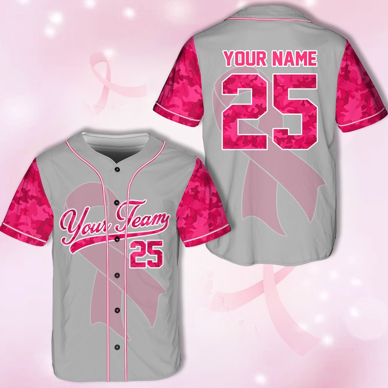 Personalized Baseball Jersey For Breast Cancer Month, Pink Ribbon Jersey, Breast Cancer Warrior Support Tee