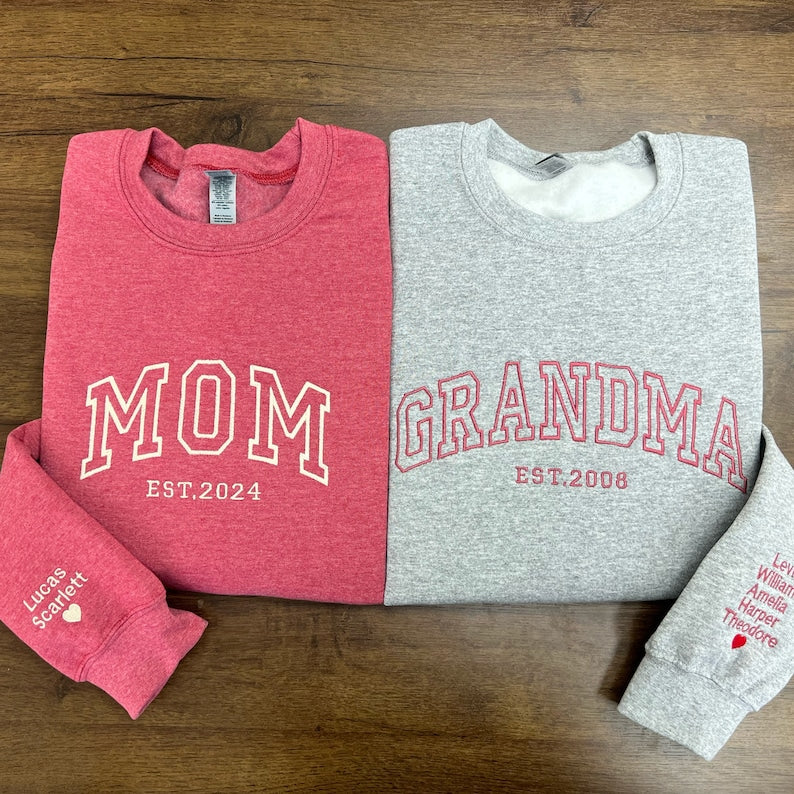 Custom Embroidered Sweatshirt for Mom, Personalized Sleeve Embroidered Sweatshirt, Mama EST Crewneck, Custom Gift for Mom, New Mom Pullover