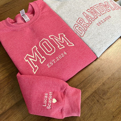 Custom Embroidered Sweatshirt for Mom, Personalized Sleeve Embroidered Sweatshirt, Mama EST Crewneck, Custom Gift for Mom, New Mom Pullover