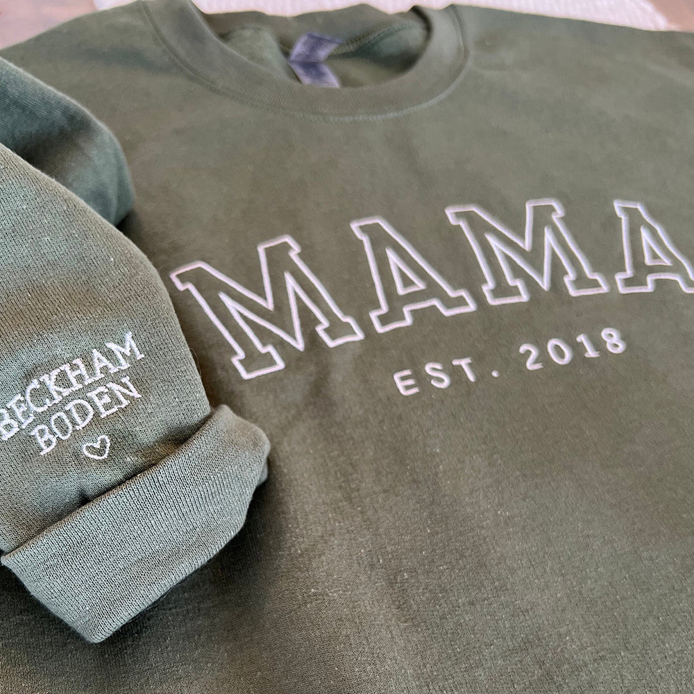 Custom Embroidered Sweatshirt for Mom, Personalized Sleeve Embroidered Sweatshirt, Mama EST Crewneck, Custom Gift for Mom, New Mom Pullover