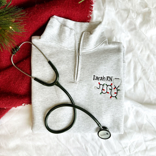 Personalized Nurse Christmas Lights Stethoscope Q-Zip Embroidered Sweatshirt