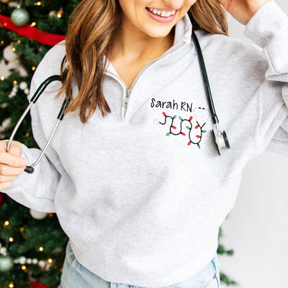 Personalized Nurse Christmas Lights Stethoscope Q-Zip Embroidered Sweatshirt