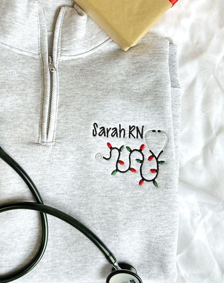 Personalized Nurse Christmas Lights Stethoscope Q-Zip Embroidered Sweatshirt