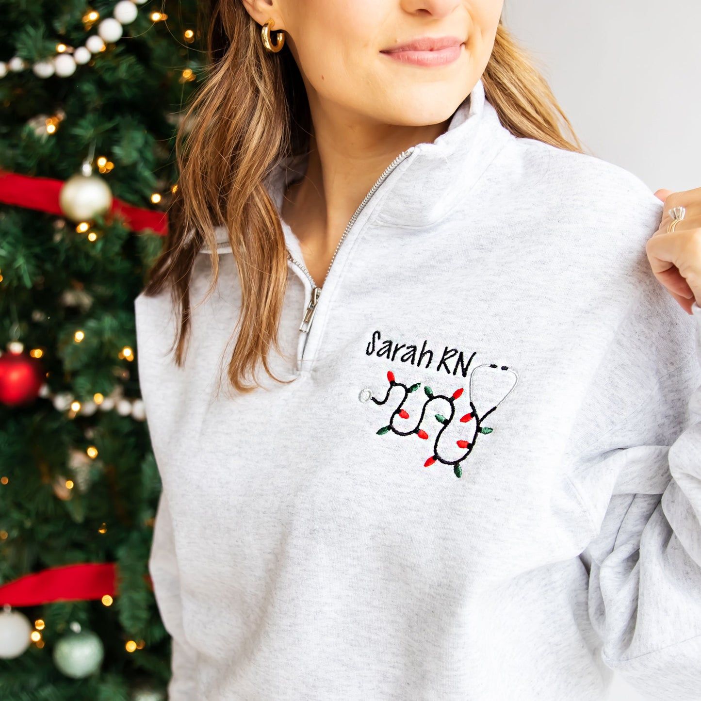 Personalized Nurse Christmas Lights Stethoscope Q-Zip Embroidered Sweatshirt