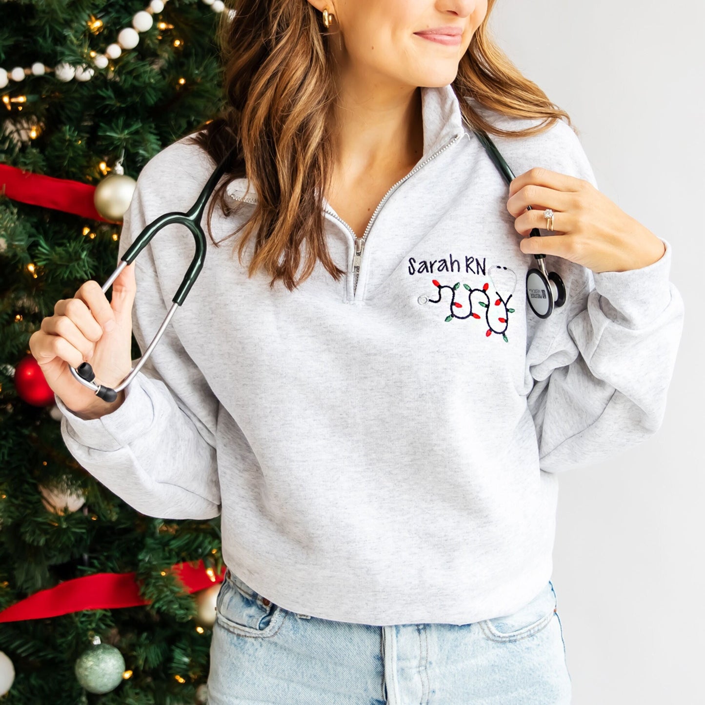 Personalized Nurse Christmas Lights Stethoscope Q-Zip Embroidered Sweatshirt