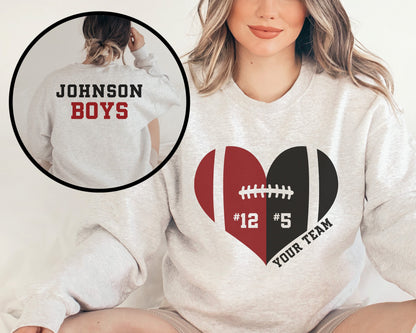 Custom Football Mom Shirt, 2 Players Football Sweatshirt，Game Day Football Hoodie, Heart Football Shirts