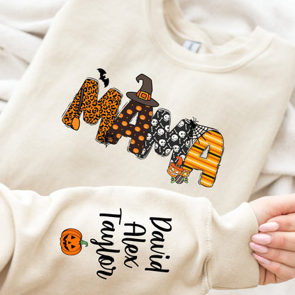 Custom Halloween Mama Sweatshirt with Kids Name on Sleeve Sweatshirt