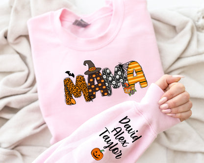 Custom Halloween Mama Sweatshirt with Kids Name on Sleeve Sweatshirt