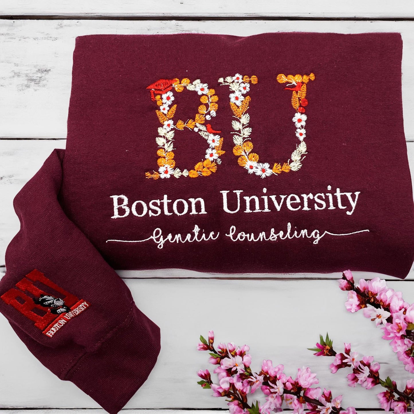 Custom College Embroidered Sweatshirt, Floral Letter Embroidered Hoodie