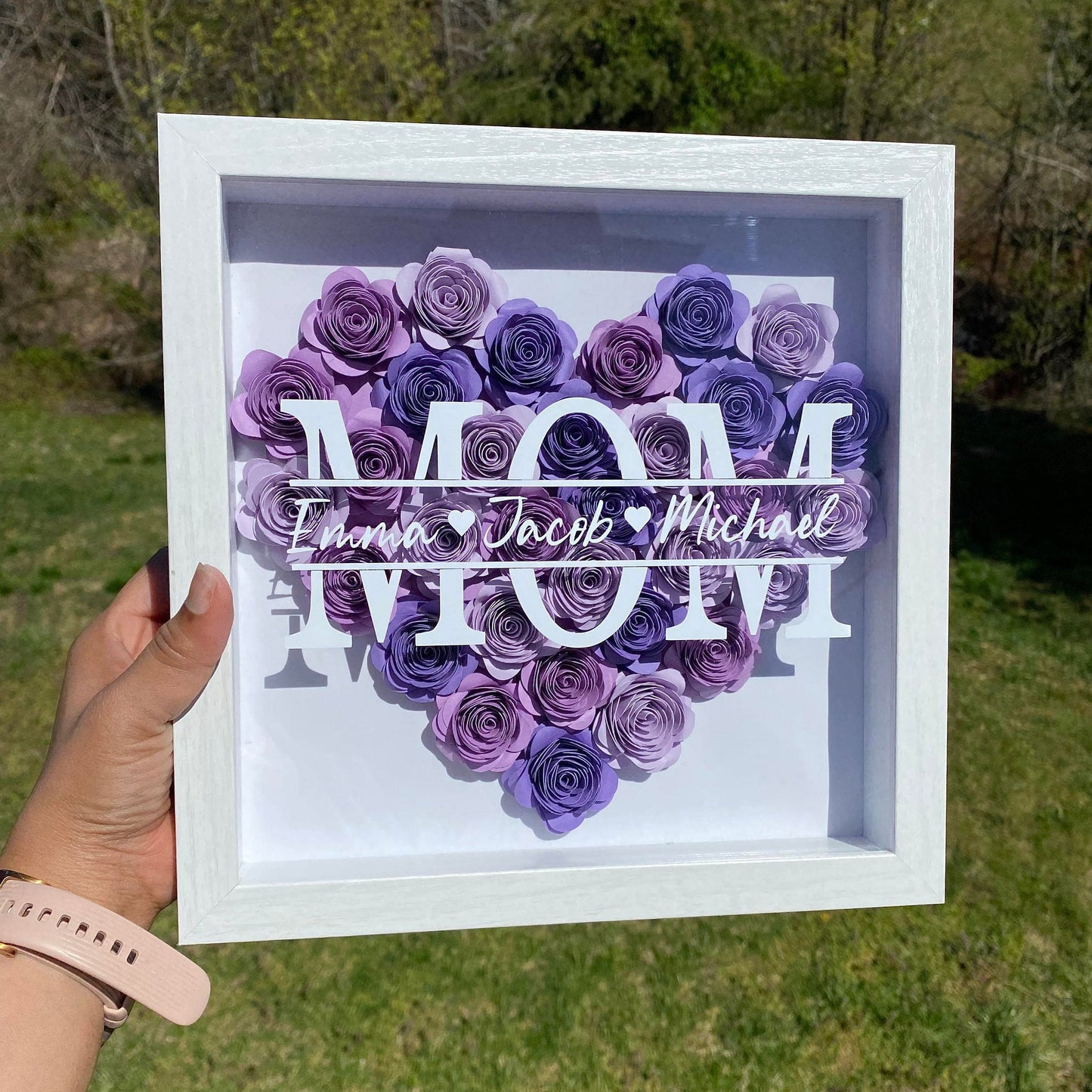 Mom Heart Shaped Monogram Flower Shadow Box Gift