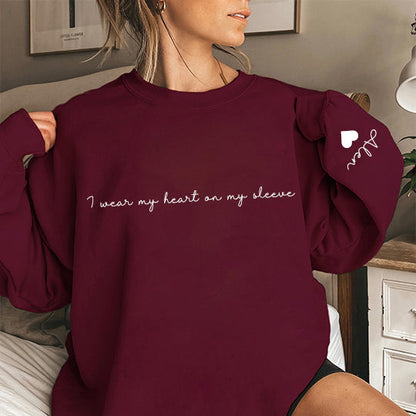 I Wear My Heart On My Sleeve Crewneck or Hoodie, Custom Mama Sweatshirt with Children Name on Sleeve, Mothers Day, Gift for Mom, New Mommy